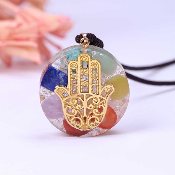 

orgonite senven chakra energy necklace reiki energy pendant hand of fatifa yoga meditation necklace resin craft jewelry x0707, Silver