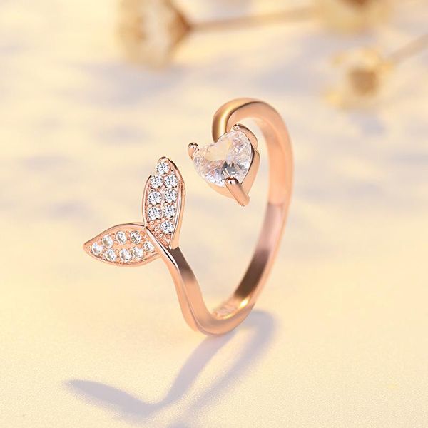 

fashionable mermaid tail cuff adjustable ring with zircon sea whale shell love heart-shaped crystal romantic gift wedding rings, Slivery;golden