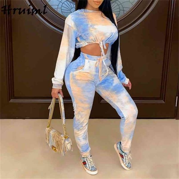 

two piece set and pants casual loose exposed navel women fashion tie dye strappy pocket vetement femme 210513, White