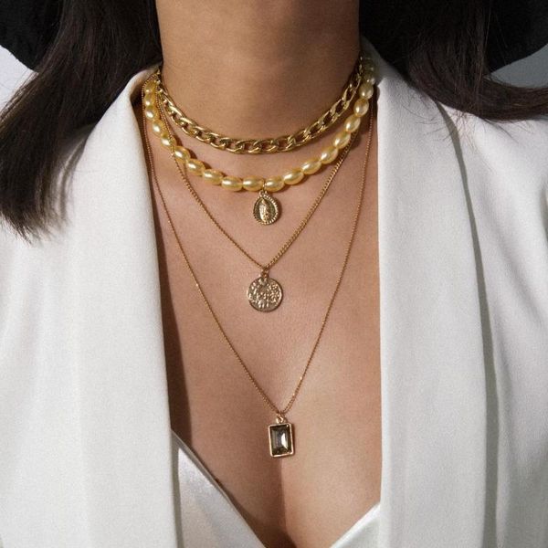 

pendant necklaces punk multi layered pearl lock choker set collar statement virgin mary coin crystal long necklace women jewelry, Silver