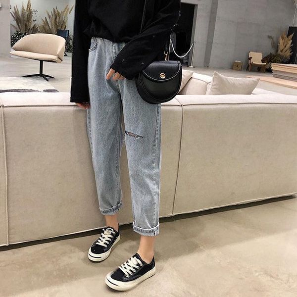 

women's jeans woman pants ripped straight for women autumn and summer clothing loose cropped high waist pantalones vaqueros mujer, Blue