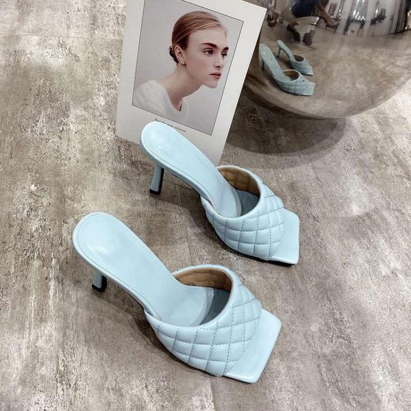

pu diamond square head peep toe thin high heels slippers summer fashion slip on slides women mules party shoes, Black