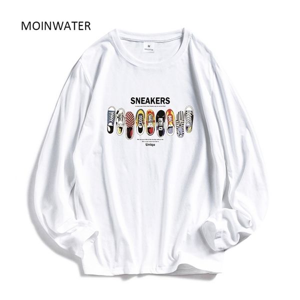 

moinwater women casual print long sleeve t-shirts lady cotton black fashion female white tees shirt mlt1908 210330