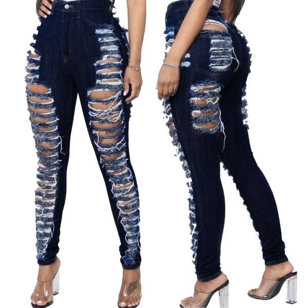 

women's jeans stretchy hole tassel ripped woman denim pants trousers for women pencil skinny, Blue