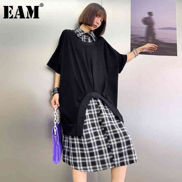 

[eam] women black plaid contrast color big size dress round neck half sleeve loose fit fashion spring summer 1dd7932 21512, Black;gray