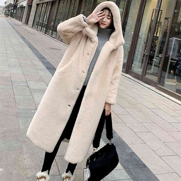 

winter women faux rabbit fur coat luxury long fur coat loose lapel overcoat thick warm plus size female plush coats 210917, Black
