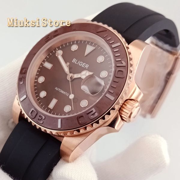 

40mm man luxurious mechanical watch bliger borwn index plate cermaic bezel sapphire glass illuminating date automatic gentlemen watches, Slivery;brown
