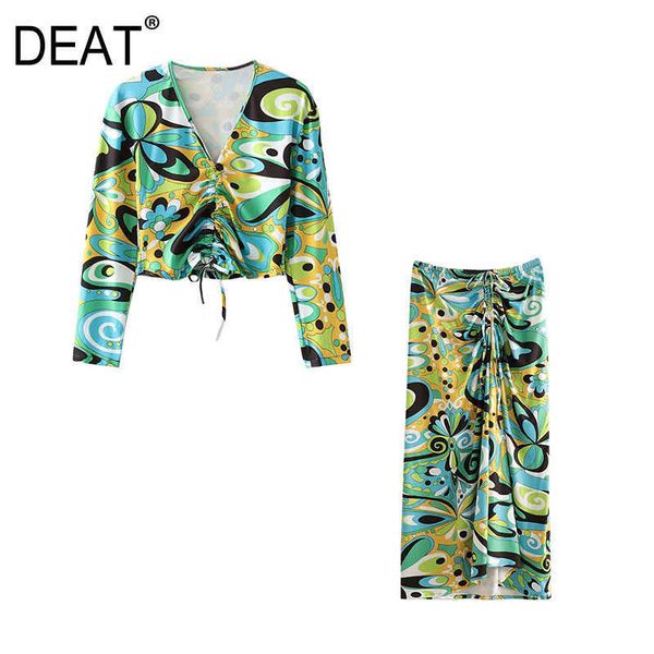 

[deat] summer fashion long sleeve v-neck printing shirt high waist folds skirts women two-piece suit 13q149 210527, White