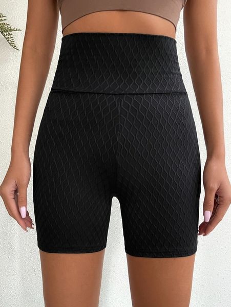 

textured wideband waist biker shorts a4a7#, Black