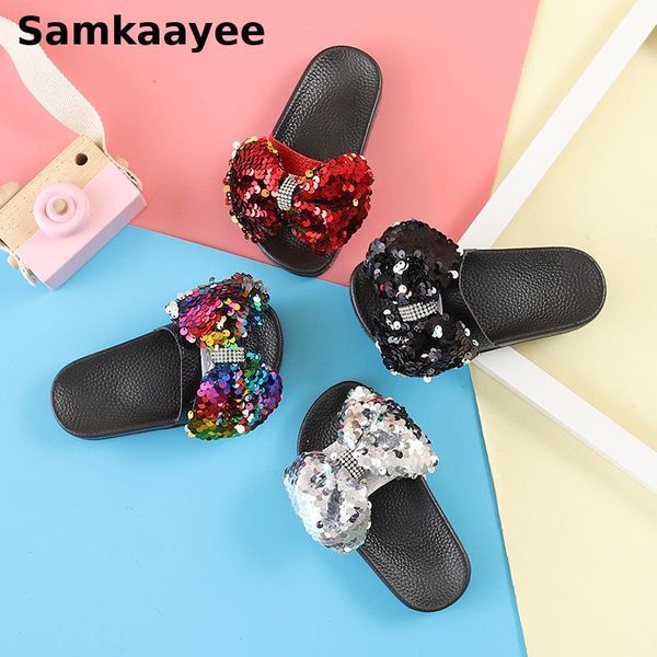 

slipper 2-12y kids slippers summer children sandals girls bowknot shoes flat glitter soft bottom non-slip outdoor beach flip flops s24, Black;grey