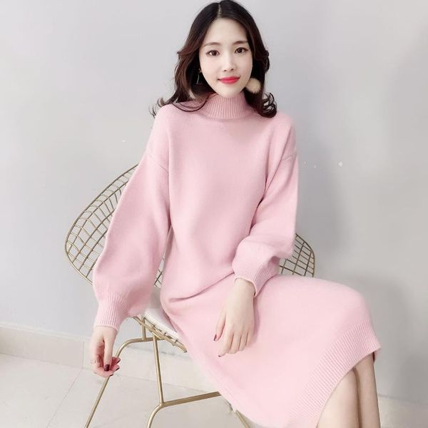 

autumn winter artistic turtleneck sweater dress women solid color knitted long loose lantern sleeve dresses korean fashion casual, Black;gray