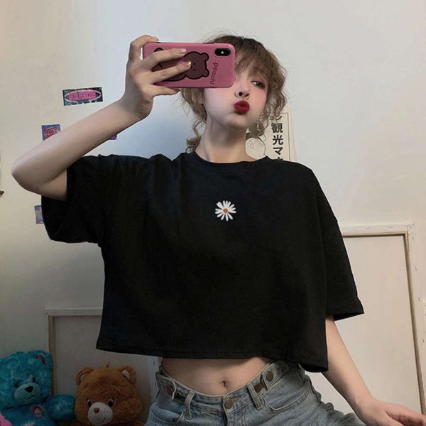 

women's t-shirt short sleeve female summer korean ins fashion embroidery daisy design feeling high waist style clothes splg, White