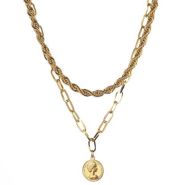 

pendant necklaces gold color multilayer stainless steel thick parper clip rope chain coin choker necklace for women statement jewelry, Silver