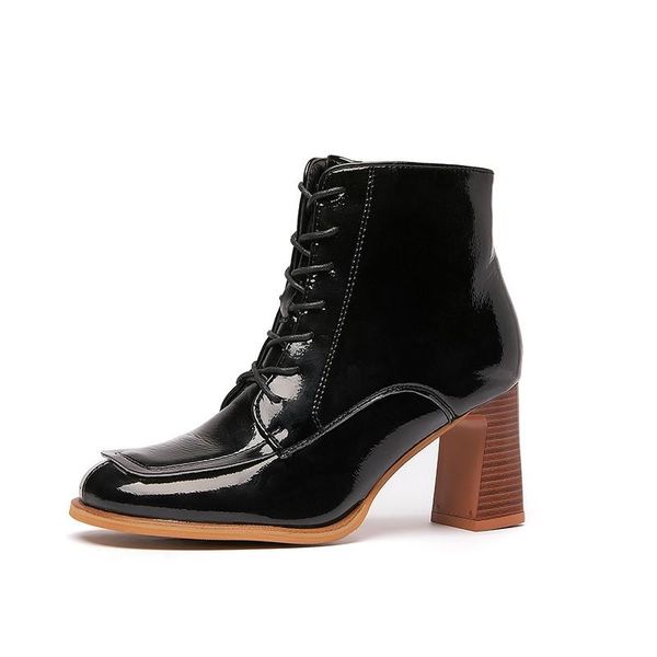 

boots rimocy vintage patent leather women ankle zipper thick high heels square toe short female autumn winter solid shoes, Black
