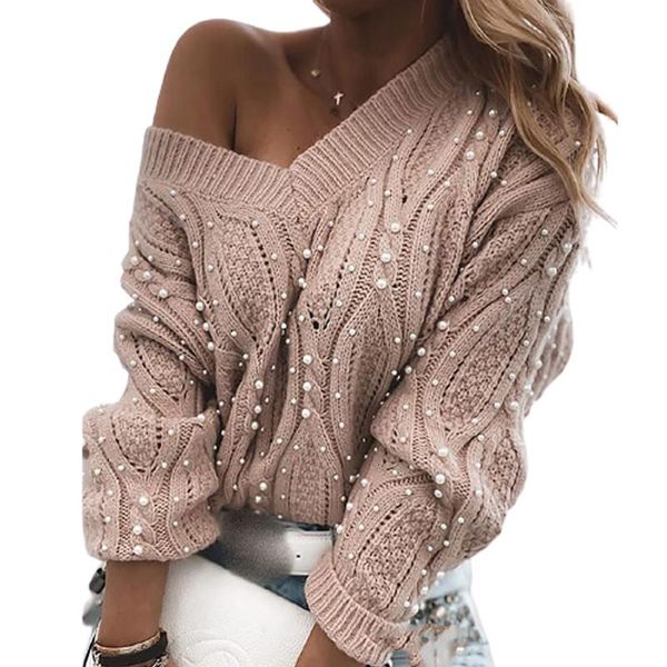 

women's sweaters pink beading pearl women winter fall 2021 long sleeve knitted pullover ladies v neck casual loose korean sweater sj72, White;black