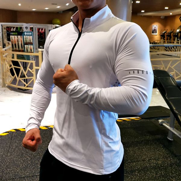

white quick dry running shirt t-shirt long sleeve compression shirts gym fitness sport cycling zipper, Black;blue