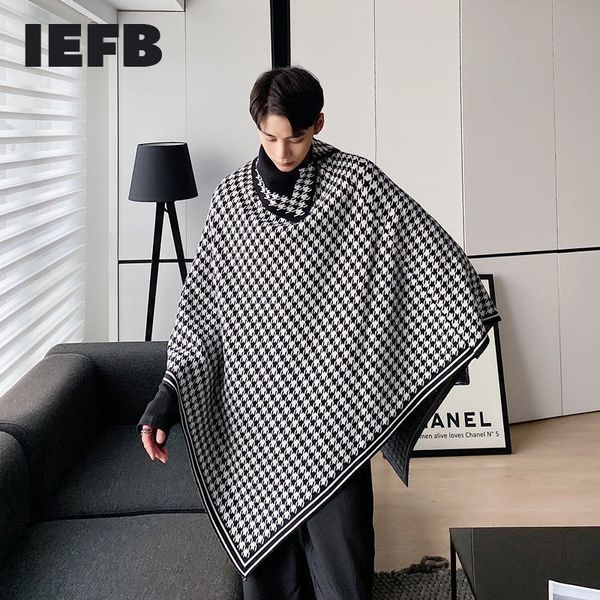 IEFB schwarz weiß Plaid Print Mantel Strickpullover Herrenmode Pullover kintwear Tops lose übergroße unregelmäßige Kleidung 9Y4686 210524