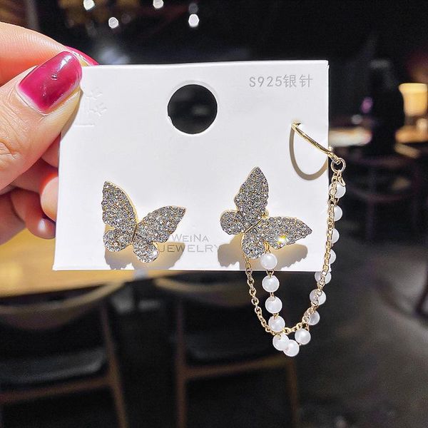 

stud korean earrings fashion jewelry asymmetric rhinestone butterfly imitation pearl women's statement wedding, Golden;silver
