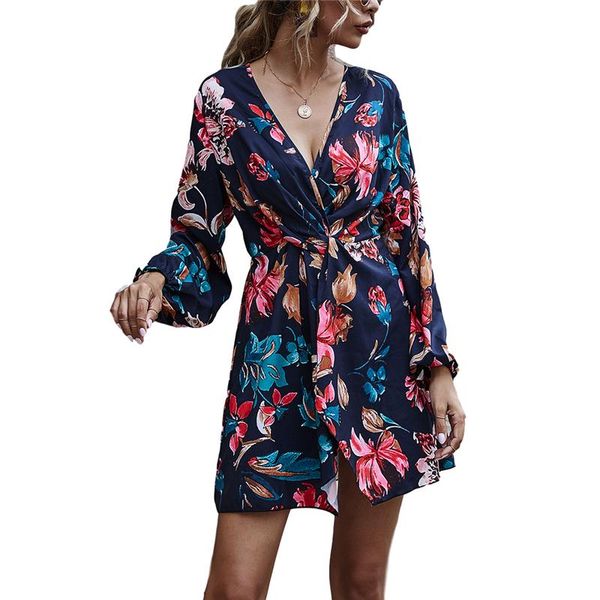 

casual dresses women fashion vintage v neck floral print mini dress autumn puff sleeve elegant twist waist robe, Black;gray