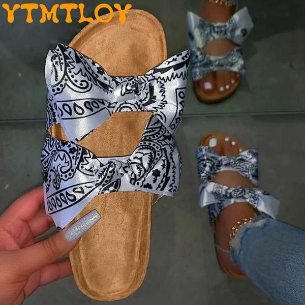 

slippers 2021 summer bow fairy style flat sandals ladies fashion all-match women's shoes, Black