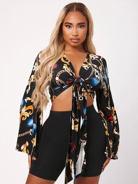 

sxy chain & butterfly print flounce sleeve tie front b7n8#, White