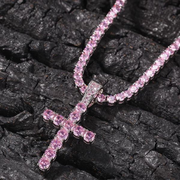 

chains bling 4mm pink cz tennis chain with cross pendant necklace full iced cubic zirconia women silver color hiphop jewelry gift 20"
