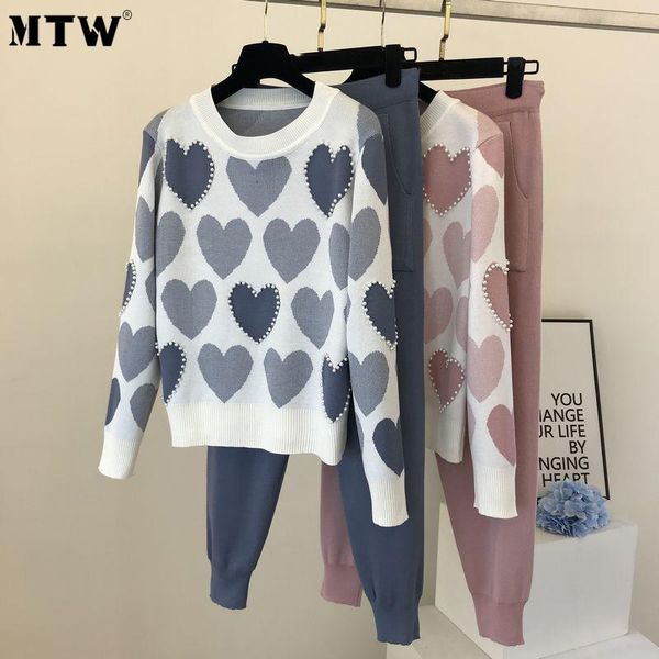 

autumn winter knitted 2 piece set korean love printed tracksuit casual long sleeve beading sweater + pants suit women's tracksuits, Gray