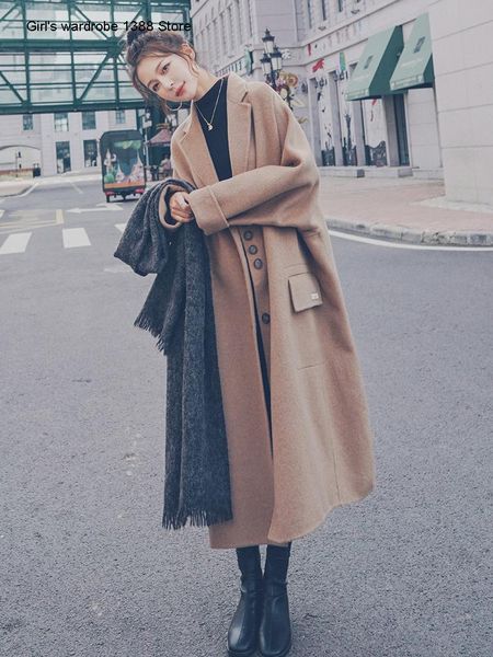 

women's wool & blends brown woolen coat middle and long style 2021 autumn winter korean loose high-end, Black