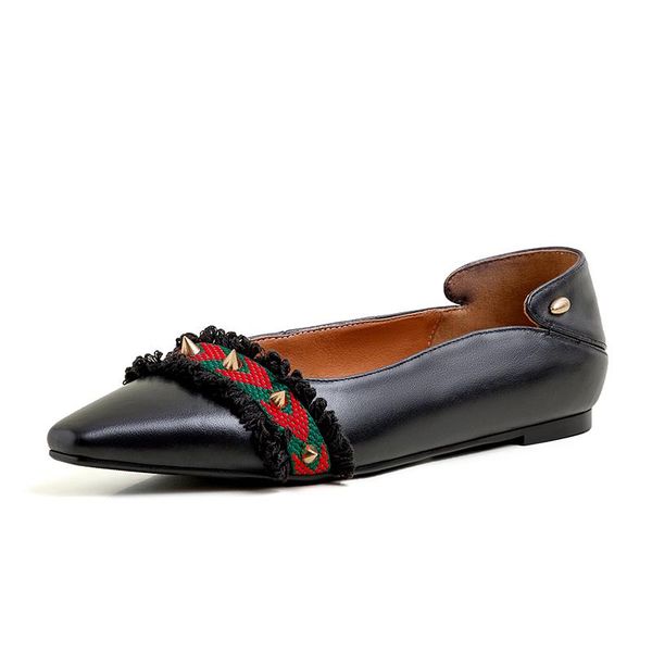 

dress shoes ins women pumps genuine leather 22-24.5cm head layer cowhide internet celebrity woman pointed toe metal rivets, Black