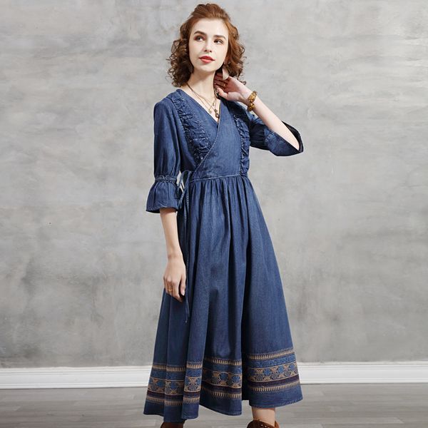 

casual dresses women spring denim half sleeve embroidery vintage high waist long elegant pn2w, Black;gray