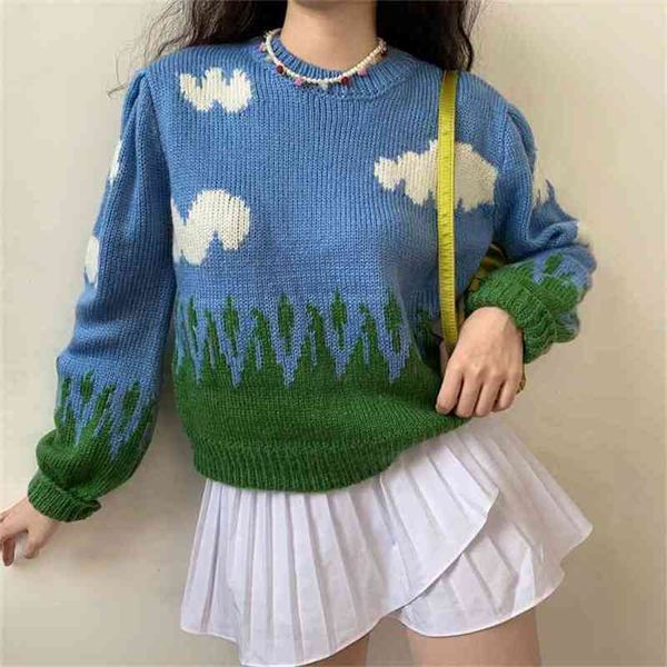 

women childlike innocence white clouds and green grass knit sweater with puff sleeve 210512