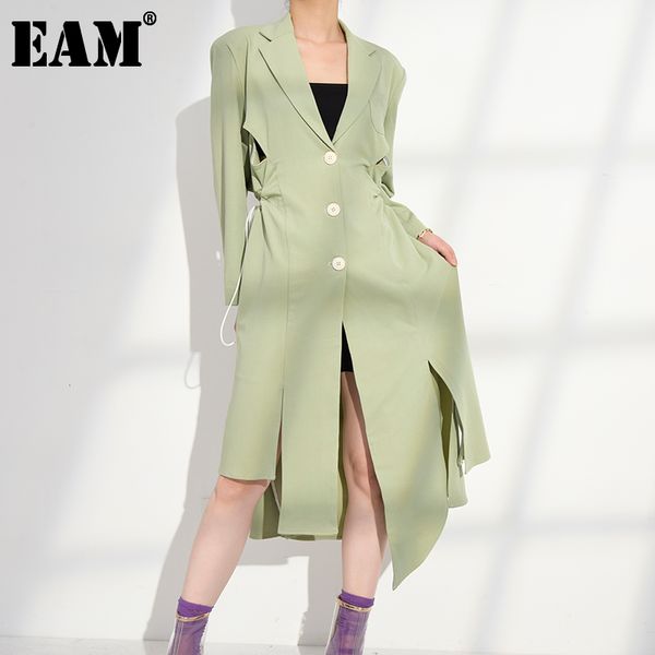

[eam] women green hollow out irregular trench lapel long sleeve loose fit windbreaker fashion spring 1h85606 210512, Tan;black