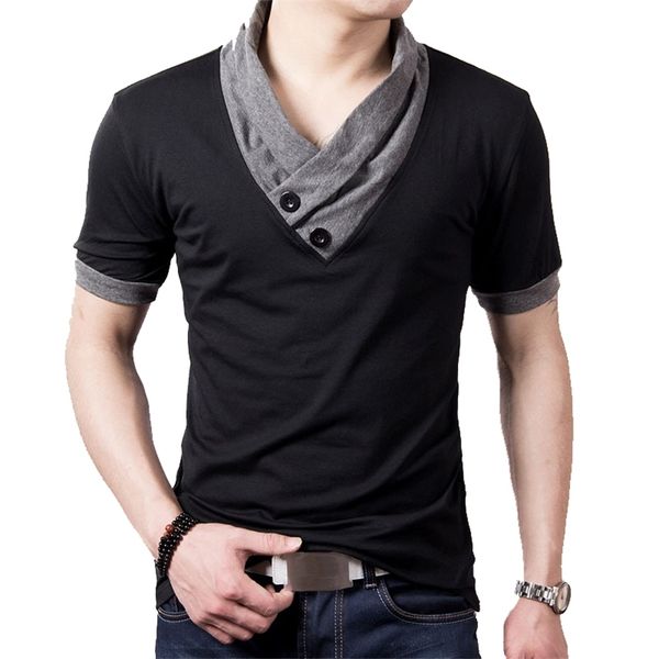 Плюс размер летние мужские футболки мода тонкий с коротким рукавом лоскутное v шеи хлопок черная футболка мужская кнопка tees 210722