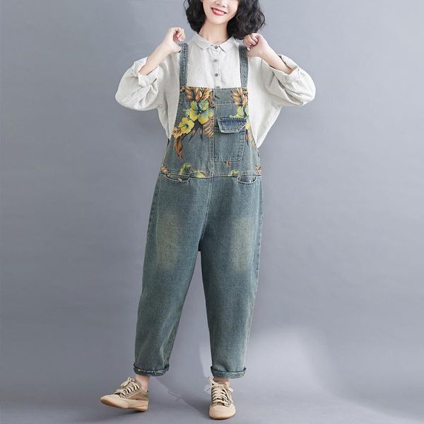

women's jumpsuits & rompers 2021 spring jeans pants women jumpsuit plus size suspenders vintage floral overalls elegant casual loose fe, Black;white