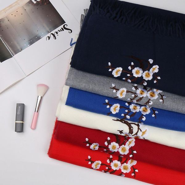 

scarves autumn and winter cashmere solid color tassel chinese style scarf joker warm plum embroidered shawl, Blue;gray