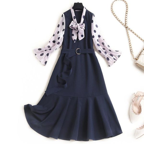 

elegant spring designer flare sleeve bow collar dot print patchwork office dress lady trumpet robe femme woman clothes vestidos casual dress, Black;gray