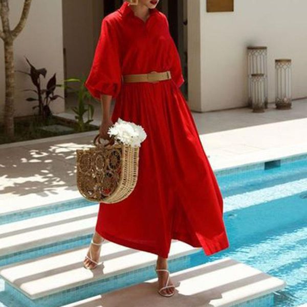 

casual dresses 2021 women's solid color western style temperament commute high waist lantern sleeve summer dress fashion lapel, Black;gray