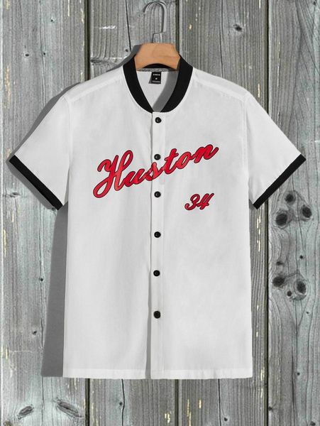 

men letter graphic contrast trim button front shirt 611r#, White;black
