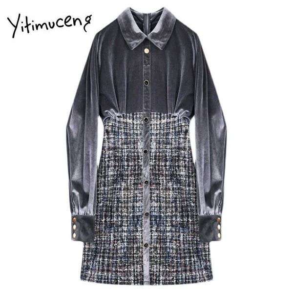 Yitimuceng Plaid Patchwork Bull Bull Dresses Donne Mini A-Line Spring Single Breasted Manica Lunga Abbigliamento Abbigliamento Office Lady 210601