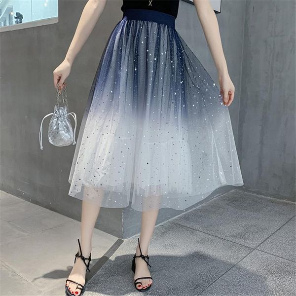 

skirts chic fashion women mesh skirt high waist elegant ladies a-line harajuku females mid-calf length patchwork ball gown, Black