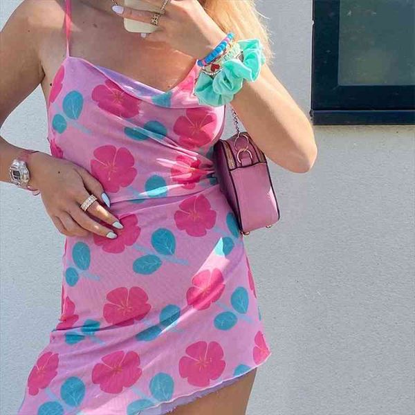 

pink floral print women mini dresses fashion summer outfits double layer mesh spaghetti strap dress harajuku, White