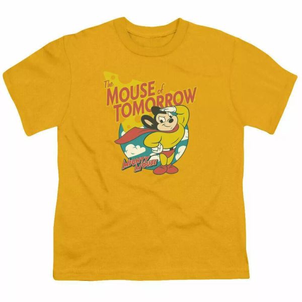 

Mighty Mouse Mouse of Tomorrow Kids Youth T Shirt Licensed Cartoon Tee Gold, White;black