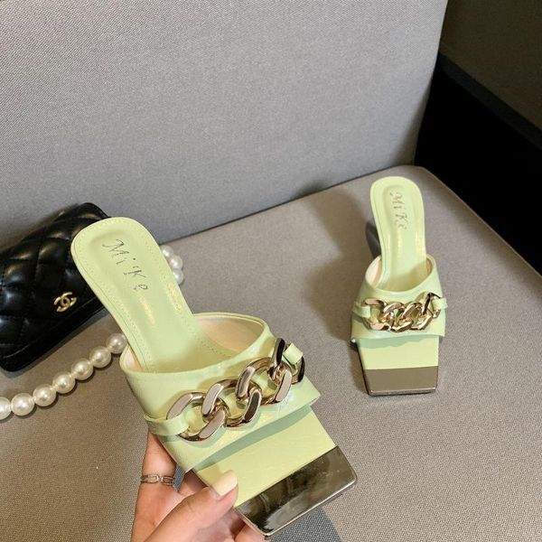 

slippers fashion square toe high heel ladies elegant chain peep slides shoes thin sandal flip flop, Black