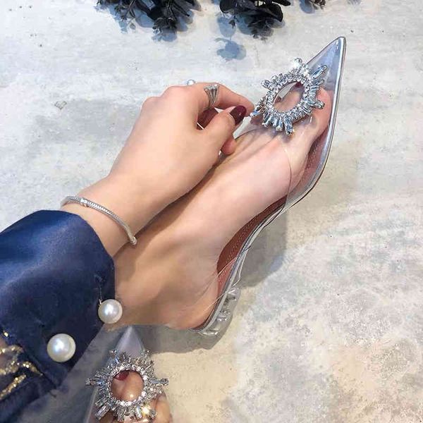 

sandals pointed toe crystal clear low heels summer transparent block flats heeled rhinestone elegant slingback fkb7, Black
