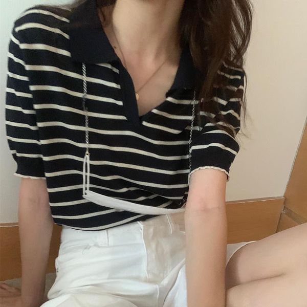 

women's polos striped v-neck women shirt, White