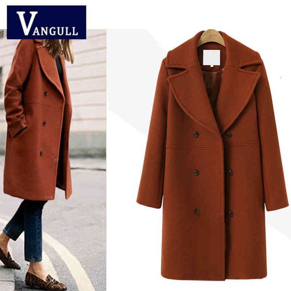 

faux leather fashion casual thin with warm women's clothing spring & autumn solid long wool jacket double breasted women woolen coat, Black