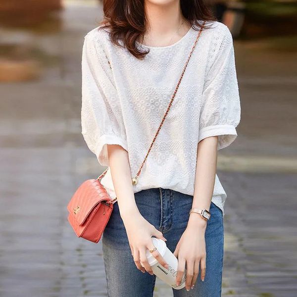 

women's t-shirt japanese white cotton shirt summer round-neck embroidery hollow loose-fitting meat cover set small top