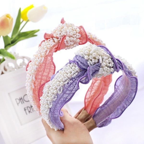 

women elegant cross knotted pearls hairband mesh fold hair ornament headband hoop headwear lady fashion accessories1