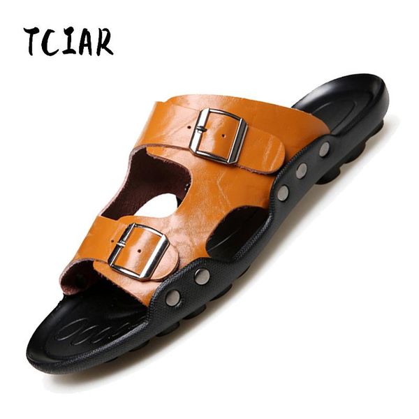 

slippers fashion men flip flops summer beach shoes split leather casual non-slip flat male big size 38-48 dr005, Black