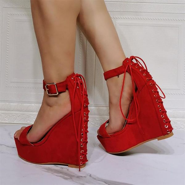 

sandals 36-47 zapatos de mujer solid red suede ankle strap sandales high heeled thick shoes woman cross-tied platform wedge, Black